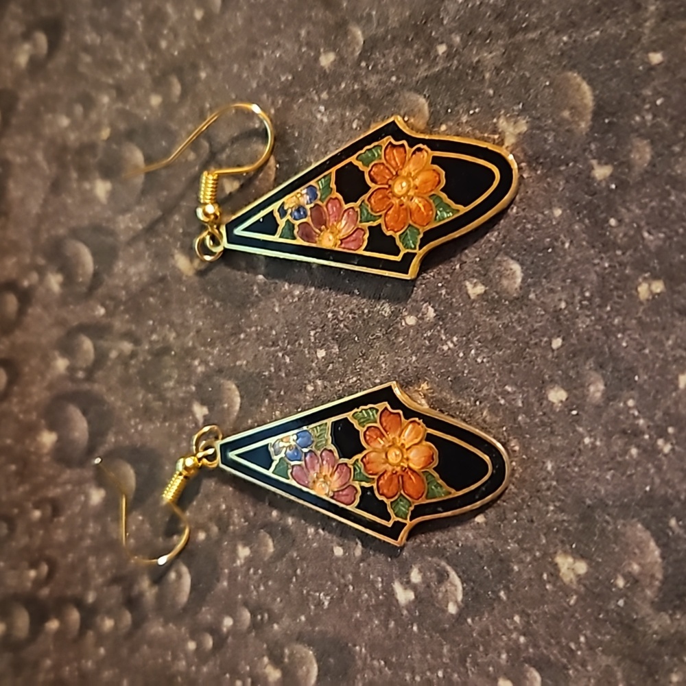 Goldtone Cloisonne Flower Pierced Earrings